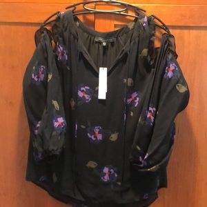 Sanctuary black floral open shoulder top.